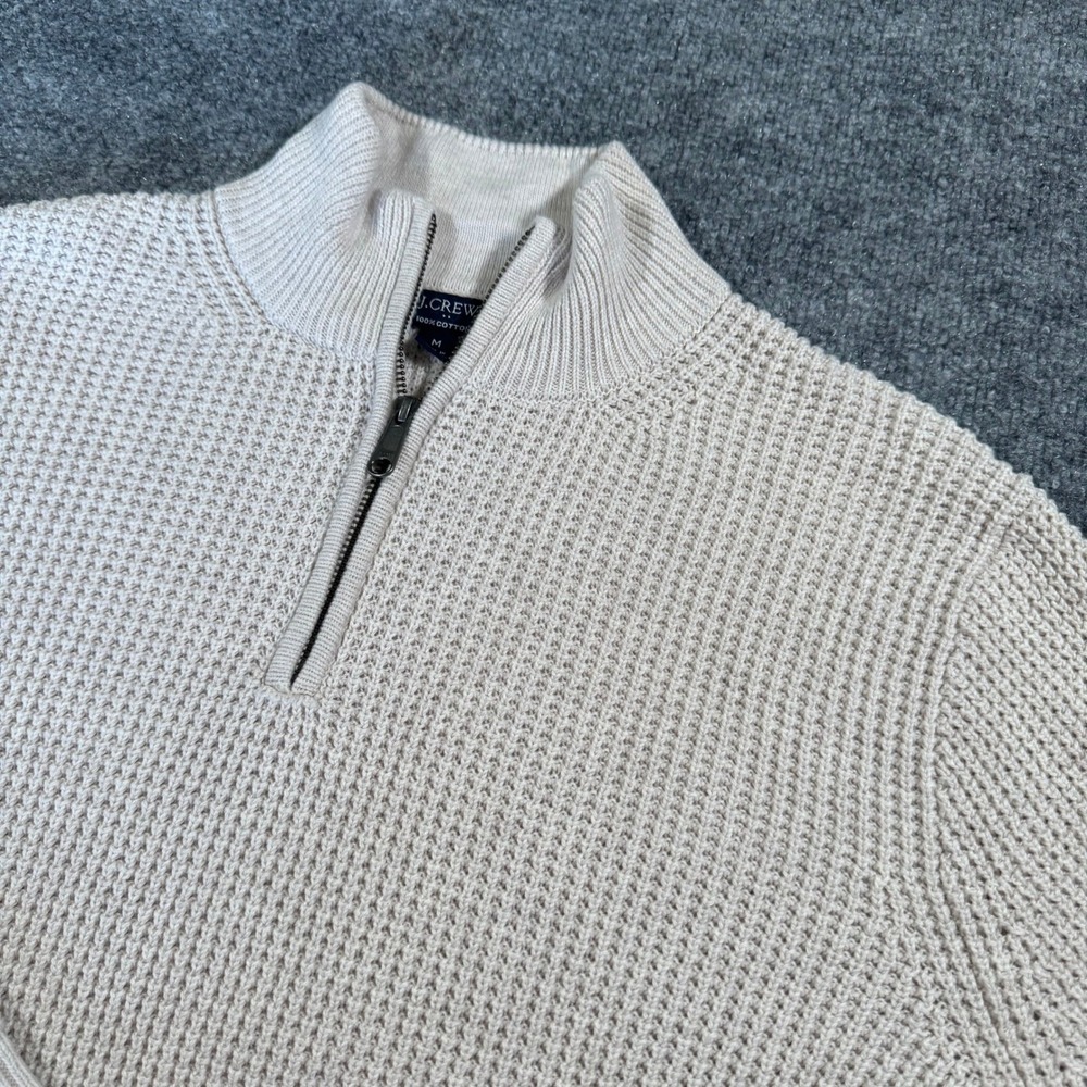 J.Crew Quarter Zip Sweater Mens Medium Waffle Knit Cotton Pullover Oatmeal HO21